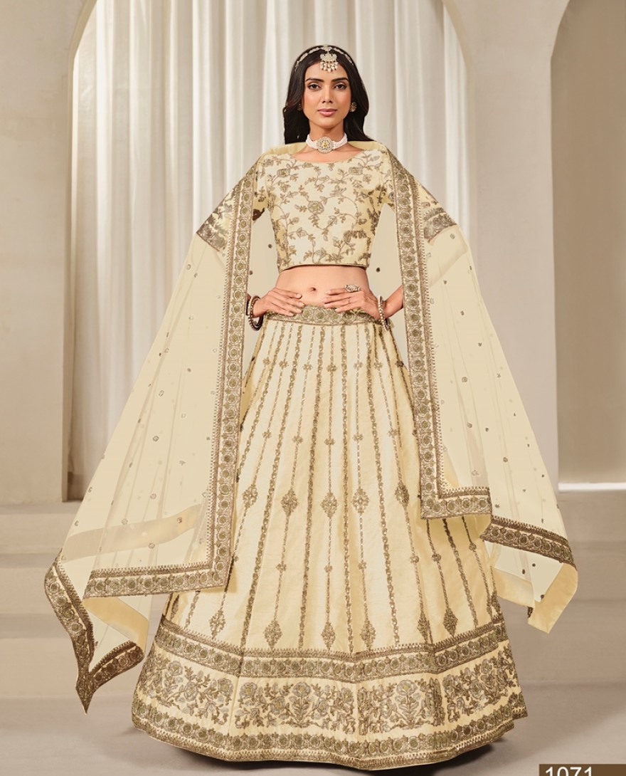 1071-cream - Cream Embroidered Art Silk Lehenga Choli for Wedding